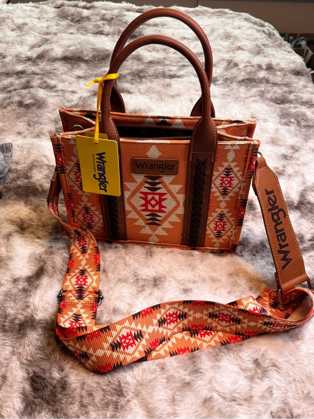 Wrangler Orange Aztec Crossbody Tote with Brown Trim